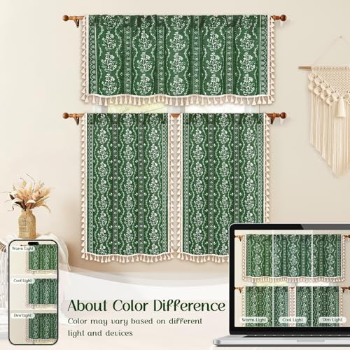 Image of Yinhua Boho Valance Curtains Vintage Linen Kitchen Valances for Windows Light Filtering Bohemian Floral Valance Rod Pocket Tassel Window Valances for Bathroom Cafe, 52 inch W X 18 inch L, Olive Green