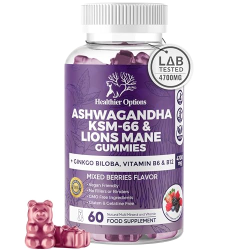Ashwagandha KSM-66 and Lions Mane Gummies 4700mg | High Strength Ginkgo Biloba Magnesium Glycinate B6 & B12 | Ashwagandha Gummies 5% Withanolides | Stress Focus Memory & Energy | 6-in-1 60 Vegan