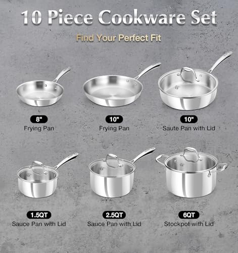 Image of KOCH SYSTEME CS Tri-Ply Stainless Steel Cookware Set 10 Piece, Professional 18 /10 Stianless Steel Pots and Pans Set, Oven & Induction Safe, Non-Toxic Kitchen Cookware Set for Family Cooking, 10pcs