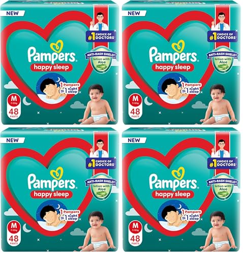 Image of Pampers Happy Sleep Pant Style Baby Diapers, Medium (M), 48 Count, 1 Pampers : 1 Night Sleep, with Anti Rash Shield, 7-12 Kg Diapers (Pack of 4)