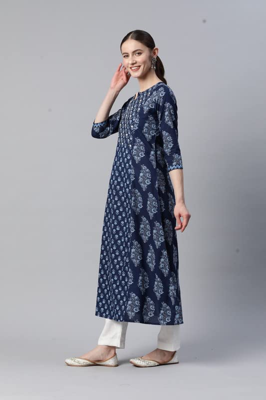Image of Vbuyz Women's Paisley Print with Embroidery A-line Cotton Stitched Kurta
