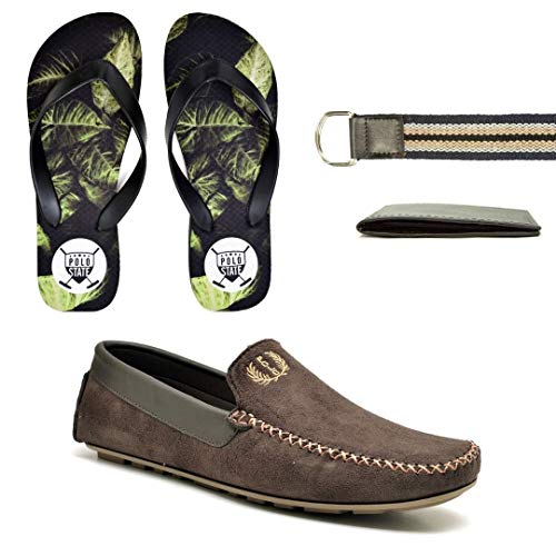 Kit Mocassim Drive Marrom + Chinelo + Carteira E Cinto Queima estoque (44)