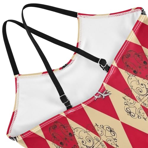 Retro Rooster Red Checkered One Piece Girls Swimsuit, Beach Swim Suits Kids 3-10 Y with Adjustable Shoulder Strap, 3-10 Y4