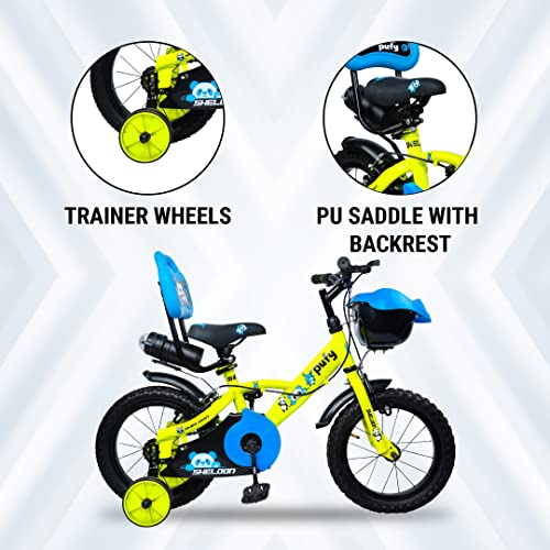 Image of SHELDON Cycle for Boys /Girls Puffy 14 T MTB Single Speed Bike with Front Suspension & Wire Brake Bicycle for Kids, 3 to 6 Years (Floro Green)