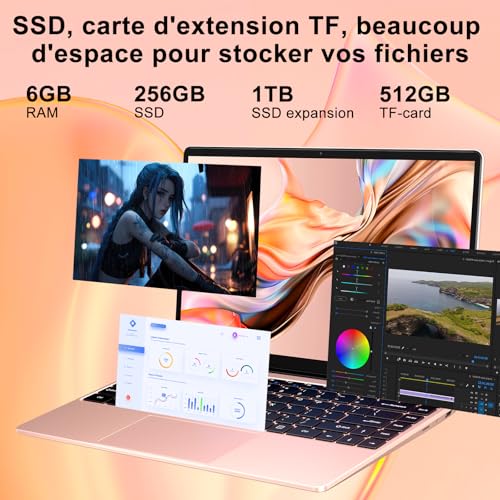 Ordinateur Portable 256Go SSD Soutien Extension 1TB Pc Portable 14 Pouces Celeron N4020 Pas Cher FHD 1080 Laptop avec 5G WiFi BT4.2 inclut Souris sans Fil&AZERTY Clavier Couverture-Or – Image 4