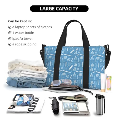 Travel Duffle Bags For Women Men - Blue Math Illustration Print Personal Item Weekender Overnight Gym Carry On Airport Tote Bag With Strap For Yoga, Travel, Business Trips4