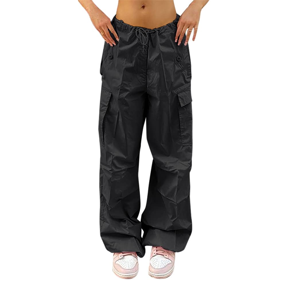Black Parachute Pants for Women Baggy Pants Y2k Low Rise Sweatpants Cargo Pants Loose Straight Leg Trousers Oversized E-Girl Streetwear Boyfriend Style Joggers Hippie Grunge Pants Black XS