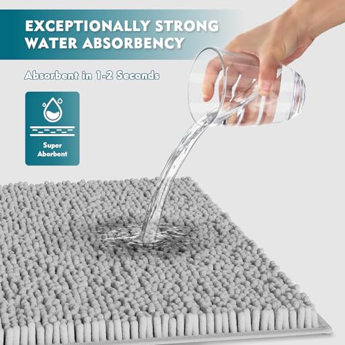 RUN HELIX Bathroom Rugs Set 3 Pieces Extra Soft and Absorbent Shaggy Non-Slip Bath Rugs, Chenille Bathroom Mats, Bathrooms Set with Toilet Rugs, Perfect Bath Mats for Bath Tub, Shower, Light Grey