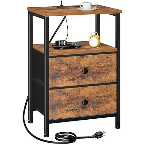 LOAKEKEL Night Stand, Nightstand with Charging Station, End Table with Storage 2 Fabric Drawers for Bedroom, Small Bed Side Table with USB Ports and Outlets for Living Room, Brown, HETS020BR-1 Cover