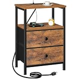 LOAKEKEL Nightstand with Charging Station, End Table with 2 Fabric Drawers, Night Stand for Bedroom, Small Bed Side Table with USB Ports and Outlets for Living Room, Brown, HETS020BR-1