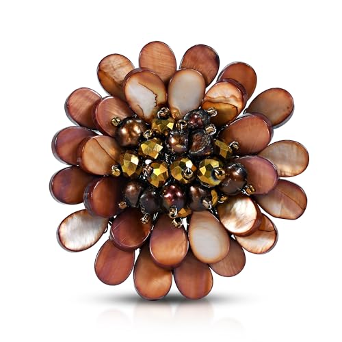 Elegant Blooming Brown and Beige Mother of Pearl & Cultured Freshwater Pearl & Fashion Crystal Flower Pin or Brooch