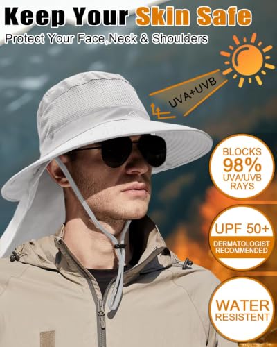 Image of Outdoor Sun Hats with Stowable Neck Flap for Men Women UPF 50+ Mesh Summer Bucket Hat Wide Brim for Fishing Safari Hiking
