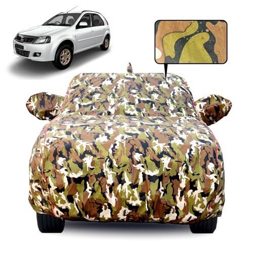 Image of Waterproof Car Body Cover for Mahindra Verito with Mirror Pocket, Soft Cotton Lining, Triple Stitched, Full Bottom Elastic (Heat Resistant Jungle Print with Red Piping)