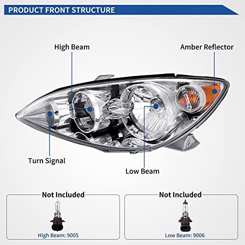 Image of OEDRO Headlight Assembly Compatible with 2005 2006 Camry 05 06 Headlamp with Amber Reflector Clear Lens Chrome Housing