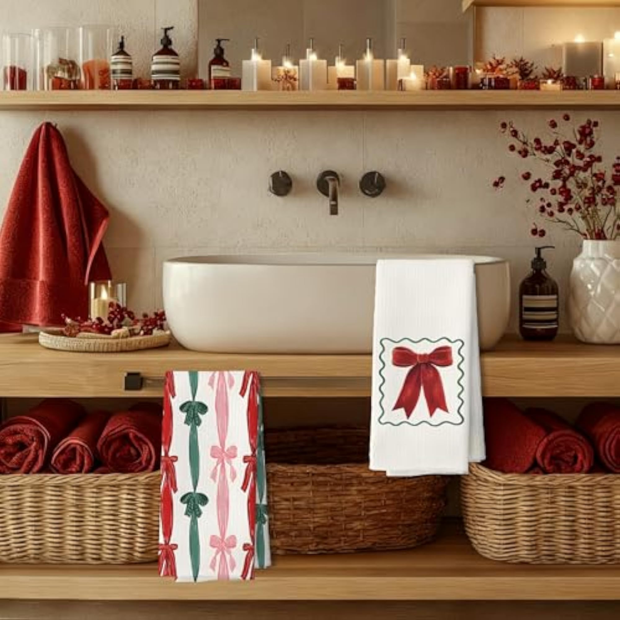 Red Pink and Green Bow Christmas Kitchen Dish Towels