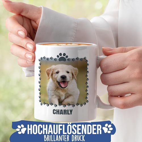 PfotenSchild Hunde-Tasse mit Foto und 2 Namen Zertifikat - Bester Hundepapa - Geschenk für Hundebesitzer zum Geburtstag | Personalisiertes Geschenk, 300 ml