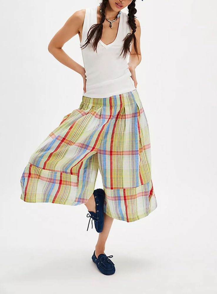 chouyatou Women's Retro Plaid Wide Leg Cropped Pants Y2k Baggy Culottes Capri Palazzo Pants with Pockets - Image 4
