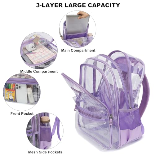 Heavy Duty Clear Backpack for Girls Boys Women Men, Transparent School Backpack PVC See Through Bookbag for Kids Teens Adults (Purple)2