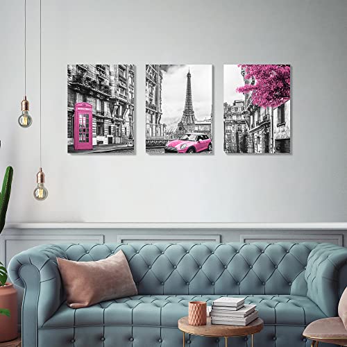 Pink Paris Art Wall Decor Eiffel Tower Canvas Wall Art For Bedroom Living Room 3 Panel Black And White Building Pictures Modern Home Art Decoration 12X16 #TOP1