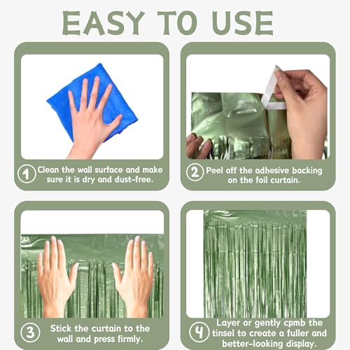 Image of Matte Sage Green Tinsel Foil Curtains Backdrop Party Decorations