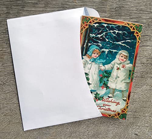 Image of PIXILUV CHRISTMAS SCENES (Pack of 12) Notecards Small Greeting Cards # Beautiful Christmas Scenes Framed in Red Borders ~ Vintage Christmas Postcards Reprint