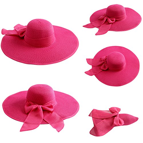 Image of Lanzom Womens Big Bowknot Straw Hat Floppy Foldable Roll up Beach Cap Sun Hat UPF 50+