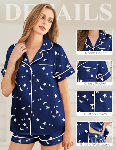 Image of Silk Pajamas for Women Short Sleeve Sleepwear Soft Button Down Loungewear 2 Piece Satin Pjs Shorts Set S-XXL