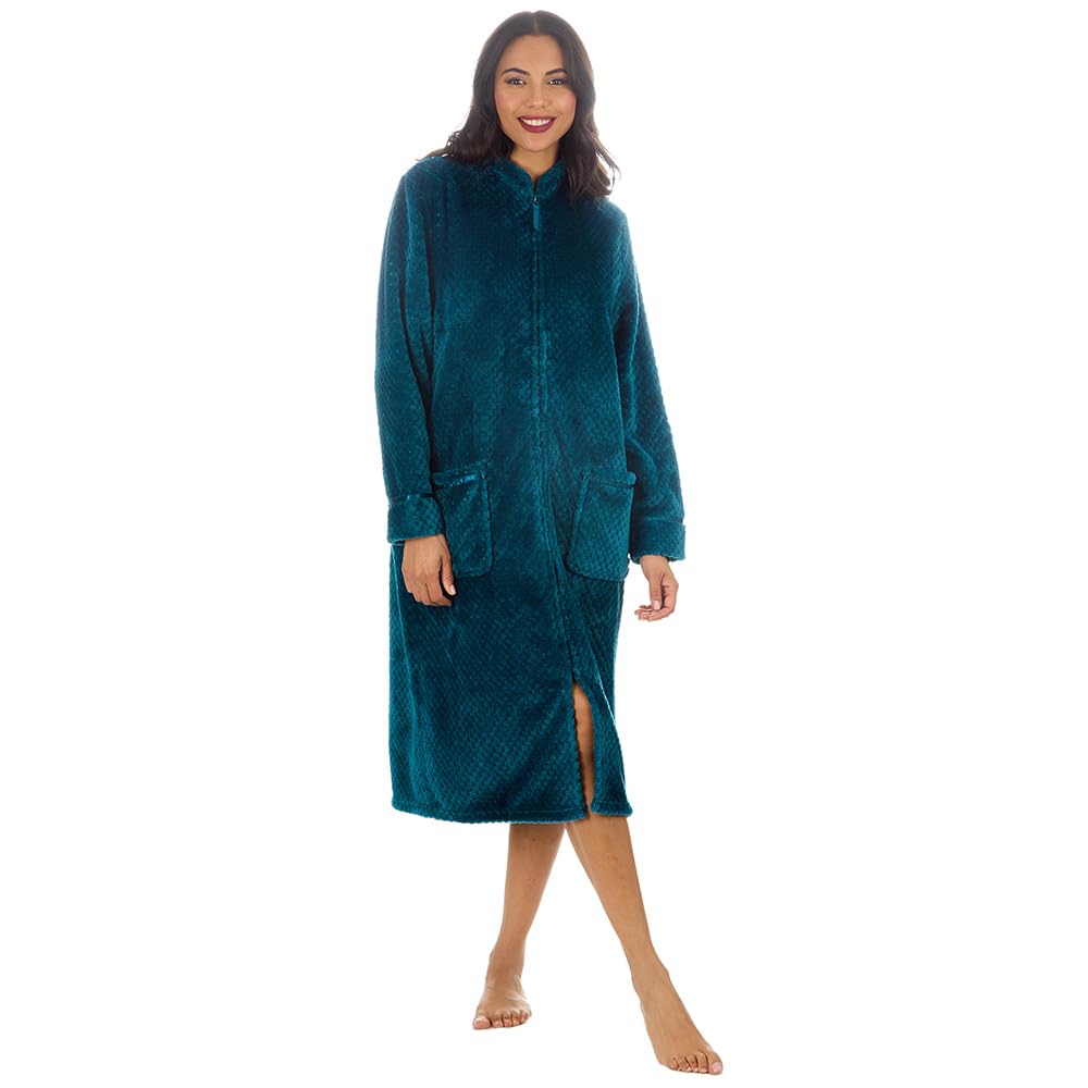 Metzuyan Ladies Fleece Waffle Zip Up Robe Housecoat Teal S