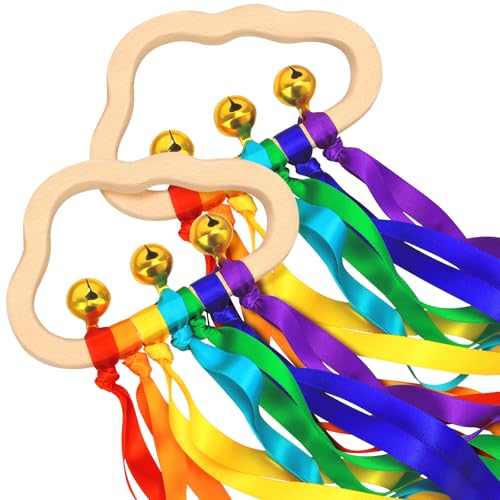 Image of Baby Sensory Wooden Rattle Toys - 2PCS Rainbow Ribbon Ring Toys Wood Rattle Molar Circle Newborn Sensory Montessori Toy for Infant Babies Toddler