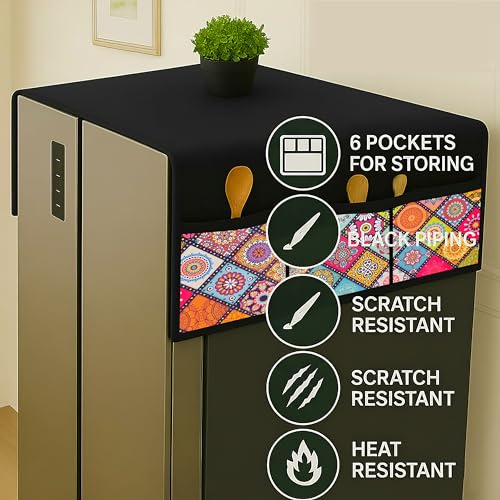 Image of Refrigerator Cover Double Door Waterproof, Dustproof, Refrigerator Top Cover, Protective Covers for Fridges with Extra Storage Space Nylon Top Fridge cover with 6 Storage Pockets (Multi, 170 x 65 cm)