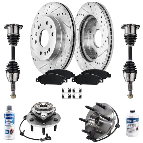 Detroit Axle - 10pc Front CV Axle Shafts Wheel Hub & Bearings Drilled and Slotted Rotors Brake Pads for 2005 2006 Chevy GMC Silverado Sierra 1500 4x4