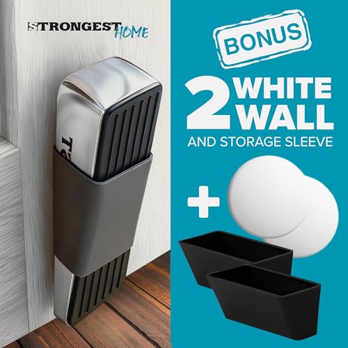 Image of STRONGEST HOME Door Stoppers for Bottom of Door - Heavy Duty Metal Rubber Stopper, Non-Slip Door Stop for Heavy Doors, Works on Wood, Tile & Carpet Floors, Wedge Chrome 2 PCs + 2 White Wall Protectors