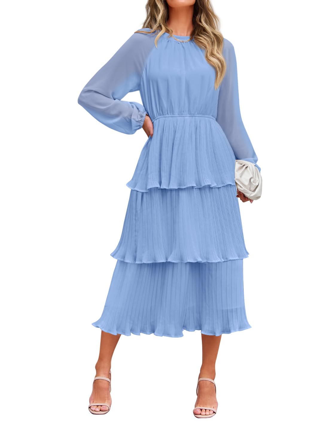 Photo 1 of ZESICA Women's Chiffon Tiered Long Sleeve Dress