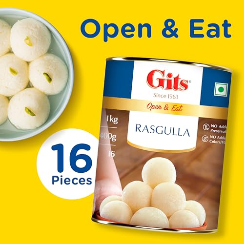 Image of Gits Open & Eat Rasgulla Tin, 16 Pieces per Can, Mouth-Watering Indian Mithai, 1Kg (Pack of 2)