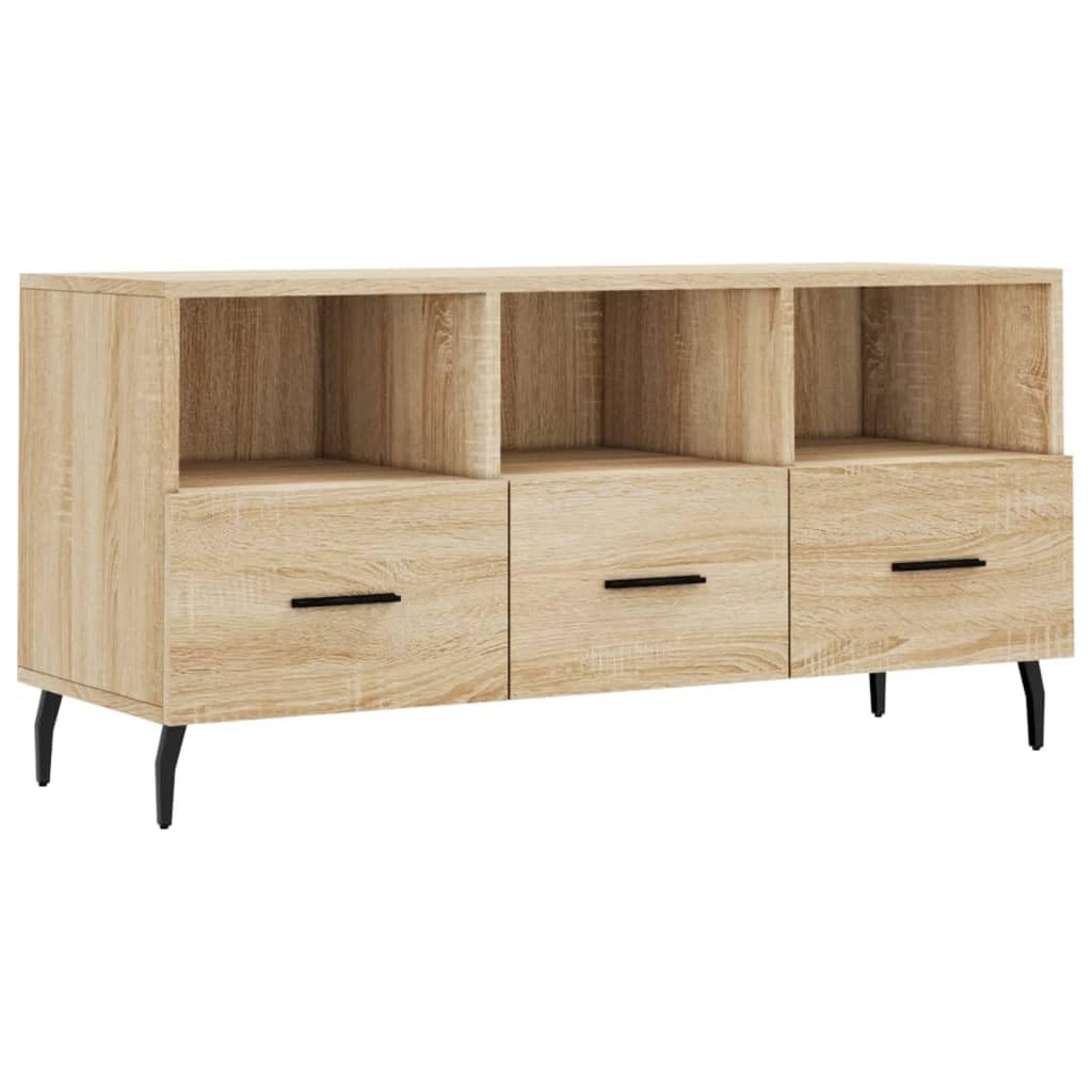 Szafka pod telewizor dąb Sonoma 102 x 36 x 50 cm, materiał drewnopochodny, wytrzymały mebel multimedialny z 3 szufladami, nowoczesny design do salonu, dużo miejsca do przechowywania