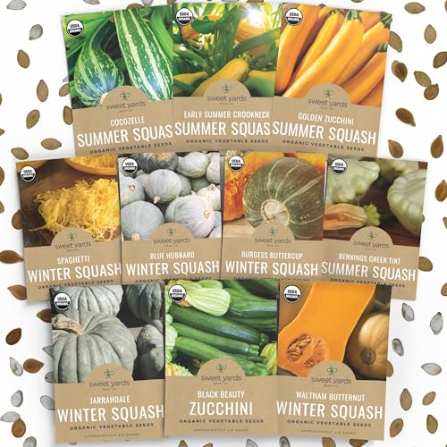 Organic Squash Seeds (Summer and Winter) Variety Pack - 10 Individual Packs - 2026 Season - Cocozelle Spaghetti Butternut Golden Zucchini and More! for Indoor & Outdoor Planting