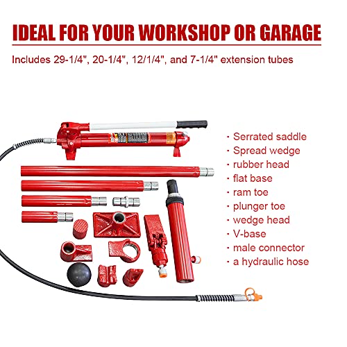 Hpdmc 10 Ton (20,000 Lb) Capacity Portable Hydraulic Ram: Auto Body Frame Repair Kit With Rolling Blow Mold Carrying Storage Case, Red #TOP2