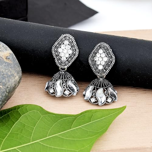 Image of Fashion Frill Earring For Women Floral Silver Oxidised Small Earring For Women And Girls Pair Of 12