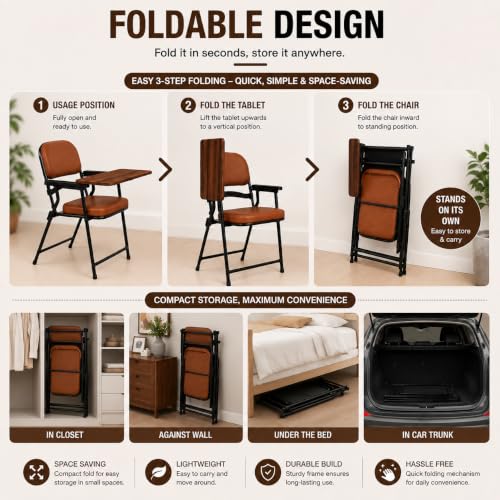 Image of Cushioned Study Chair with Writing Pad for Home, Students & Study Room, Supportive Backrest, Sturdy Metal Frame, Reading, Writing & Homework Chair, Brown