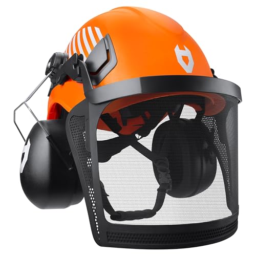 NoCry ANSI Z89.1 Rated Arborist Helmet Chainsaw Helmet with Face Shield and Ear Muffs Adjustable Hard Hat with Adaptive Ventilation; Impact-Resistant Mesh Face Shield for Forestry with Side Guards