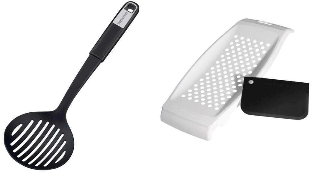 FACKELMANN Spätzle-Set, Spätzlereibe mit Teigschaber, Spätzlehobel aus Kunststoff, Spätzlepresse mit Teigkarte, mit Abseihlöffel zum einfachen Servieren (Farbe: Weiß/Schwarz), Menge: 1 x 3er Set