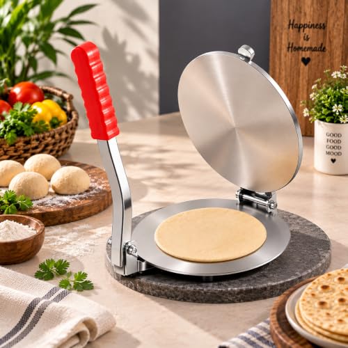 Image of Stainless Steel Manual Roti Maker Press for Chapati, Puri & Tortilla | Round Flatbread Press with Mirror Finish & Red Handle | Kitchen Tool