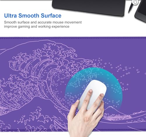 Image of IMAYONDIA Great Wave Large Gaming Mouse Pad, Purple Minimalist Japanese Desk Mat, Gamer Aesthetic Extended Mousepad Cute, Non-Slip Rubber Base Lilac Desk Pad for Office- 31.5 X 11.8 Inch