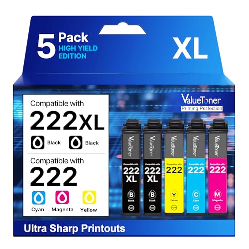 Image of Remanufactured for Epson 222XL Ink Cartridges Combo Pack 5-Pack for 222 Ink | For 222XL Ink Cartridges for Epson Printer for Epson 222 Ink Work for Workforce WF-2960 Expression XP5200 Printer