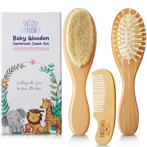 Funfushka Baby Wooden Hair Brush and Comb Set for Newborn Toddler – Natural HairBrush with Soft Goat Bristle for Girl and Boy, Perfect for Cradle Cap