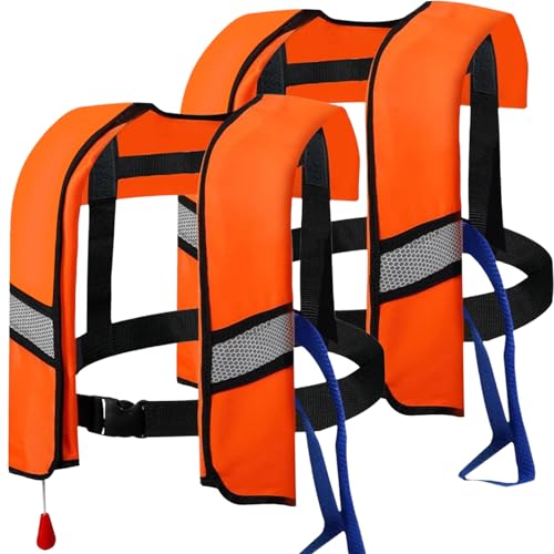 2-Pcs Automatic Inflatable Life Jacket,Adjustable Nylon Swim Vest with CO2 Inflation, Reflective Strips & Safety Buckle. (Orange)