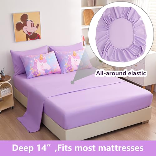 Image of Unicorn Bedding Full Size for Girls 7 Piece,3D Colorful Purple Unicorn Comforter Set for Girls, Ultra Soft and Fluffy, Flower Bed Set with Comforter Sheets Pillowcase & Sham