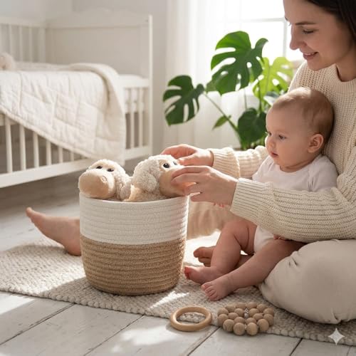 Image of AuraNest Jute Planter Basket 8x8 Inch | Cotton Rope Round Storage Basket for Plants, Laundry & Home Organizer | Multipurpose Eco-Friendly Woven Bin for Kitchen, Bedroom & Nursery (Brown & White)