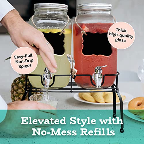 Glass Drink Dispenser For Parties - Set Of 2-1 Gallon Glass Jar Beverage Dispensers With Stand, Glass Water Dispenser Countertop For Weddings, Sun Tea Jar, Lemonade & Laundry Detergent Dispenser #TOP3
