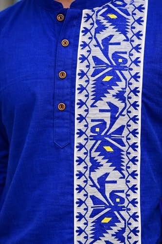 Image of Men's Cotton Jamdani Kurta for Festive, Casual Wear | Traditional Bengali Style Long Kurta | S to XL Size | White, Yellow, Blue Color Options